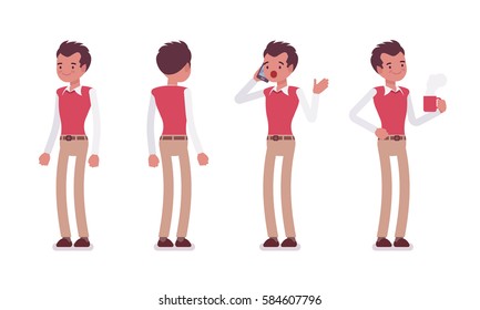 Set of young male typical office worker in a business smart casual wear, standing poses, talking on phone, having a break, drinking coffee, full length, front, rear view, isolated white background