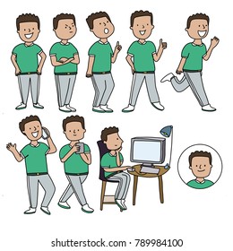 Set of a young man in 9 different poses. Vector illustration. Isolated.