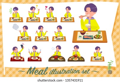 A set of young man about meals.Japanese and Chinese cuisine, Western style dishes and so on.It's vector art so it's easy to edit.
