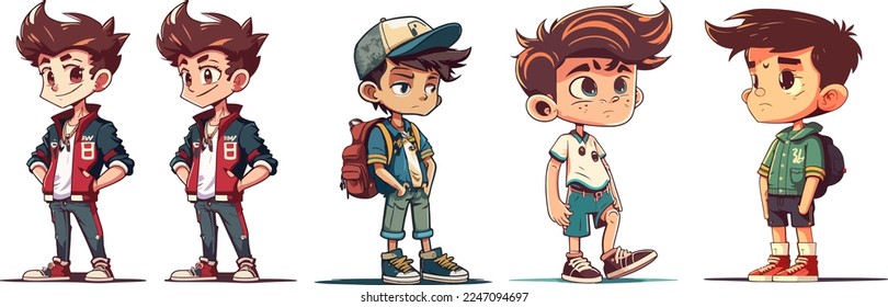 conjunto de diseño de ilustración vectorial de estilo anime de joven.