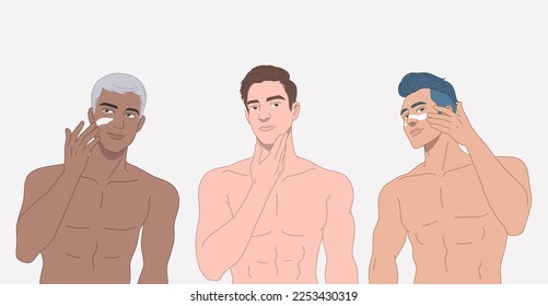 Set young man applied the cream to his face, after shaving, Men's skin care concept, Shirtless torso, cosmetic skin care banner. Vector design illustration.