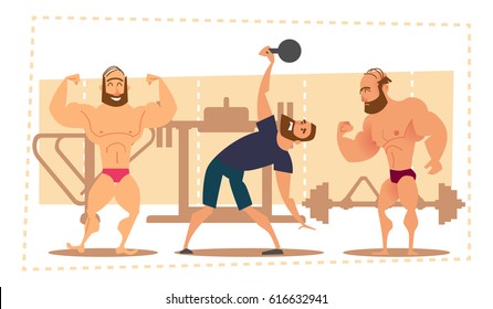 Set of a young man. Athlete in different poses. Sports equipment. A cartoon character.