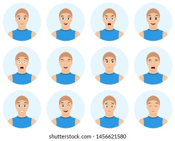 Set of young man avatars expressing various emotions. Vector illustration in cartoon style. Handsome young guy portraits with facial emotions.
