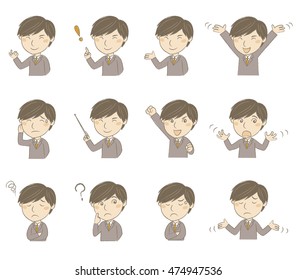 Set of young man in business suit with various poses and emotions