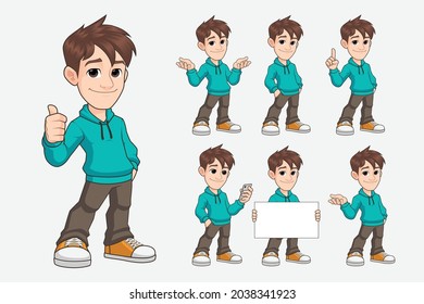 set of young man cartoon mascot character in casual clothes premium vector