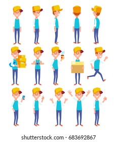 Set of young man in casual clothes in different poses good for animation. Vector cartoon character in a flat style for your projects.
