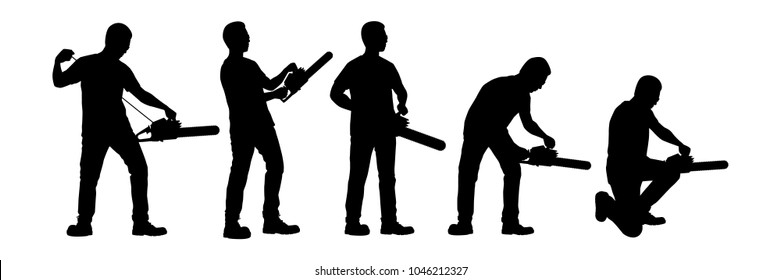 Set of young man with chainsaw silhouette vector