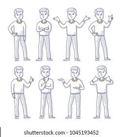 Set of young man character in casual style clothes standing in various poses. Vector freehand line doodle illustration