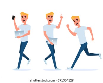 Set of young man character design. Young man with smart phone and laptop. Technology concept. Cartoon Vector Illustration.