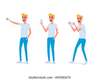 Set of young man character design. Young man taking photos with smart phone in various poses. Cartoon Vector Illustration.