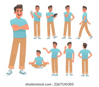 Set of young man character in various poses and actions. Happy guy thinks, meditates and uses gadgets. Vector illustration in cartoon style