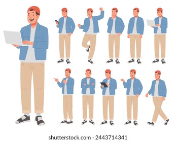 Set of young man character in various actions on white background. Happy guy, student or IT specialist with gadgets, thinks, speaks, points. Vector illustration in flat style