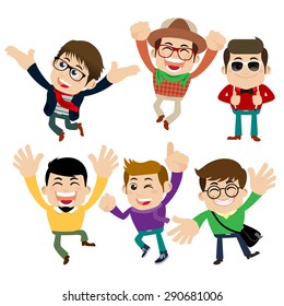 Set of young man characters in hipster fashion clothes