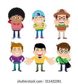 Set of young man characters in hipster fashion clothes