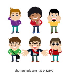 Set of young man characters in hipster fashion clothes