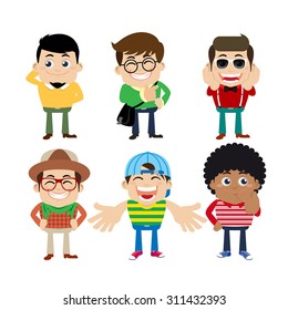 Set of young man characters in hipster fashion clothes