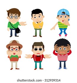 Set of young man characters in hipster fashion clothes