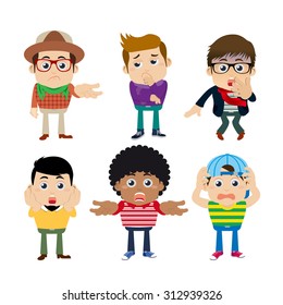 Set of young man characters in hipster fashion clothes