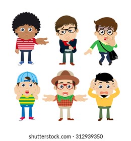 Set of young man characters in hipster fashion clothes