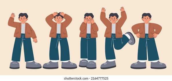 Juego de Jóvenes en diferentes actuaciones y emociones en caricatura, ilustración vectorial