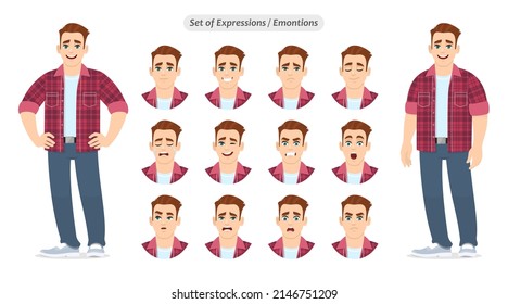 Set of young man with different facial expressions. Trendy emotional person expressing various emoji emotions. Collection of male avatar face reactions. Male character illustration in vector cartoon.