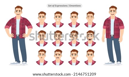 Set of young man with different facial expressions. Trendy emotional person expressing various emoji emotions. Collection of male avatar face reactions. Male character illustration in vector cartoon.