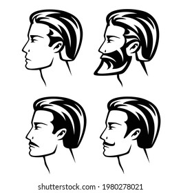 set of young man with different hairstyles, beards and mustache designs - black and white vector profile head outlines