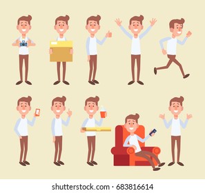 Set of young man in different poses. Vector cartoon character in a flat style for your projects.
