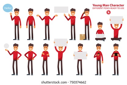 Set of a Young Man in Different Poses. Dude in Casual Clothes. Vector Character for Illustrate a Project. Mascot Holding Signs Flat Style.