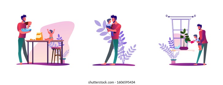 Set of young man doing housework. Flat vector illustrations of father holding child, cooking, watering plant. Daily routine concept for banner, website design or landing web page