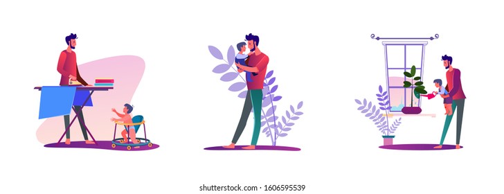 Set of young man doing various housework. Flat vector illustrations of father holding child, ironing, watering plant. Daily routine concept for banner, website design or landing web page