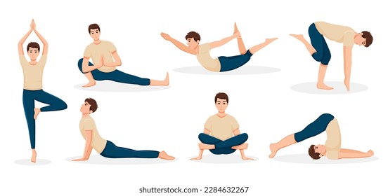 set of young man doing yoga poses illustration