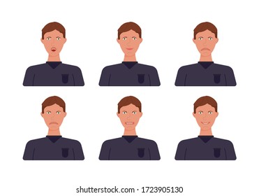 Set of young man face expression. Male avatars with different emotions. Male face emotions. Handsome boy, face icons. Vector illustration of a cartoon style.