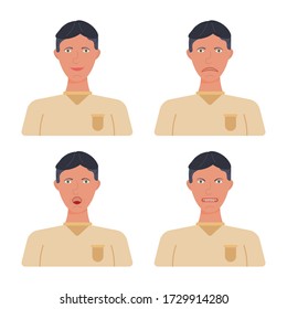 Set of young man face expression. Male avatars with different emotions. Male face emotions. Handsome boy, face icons. Vector illustration of a cartoon style.