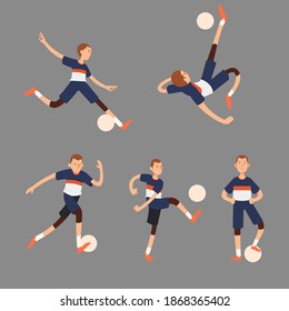Set of young man football player in various poses playing with a ball. Vector illustration, flat style.