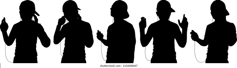 Set of young man listen to music silhouette vector. Person concept.