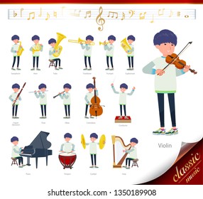 A set of young man on classical music performances.There are actions to play various instruments such as string instruments and wind instruments.It's vector art so it's easy to edit.
