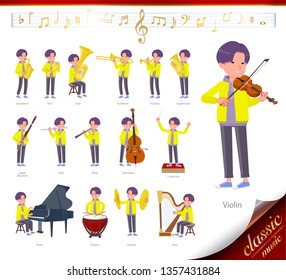 A set of young man on classical music performances.There are actions to play various instruments such as string instruments and wind instruments.It's vector art so it's easy to edit.
