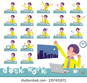 A set of young man on desk work.There are various actions such as feelings and fatigue.It's vector art so it's easy to edit.
