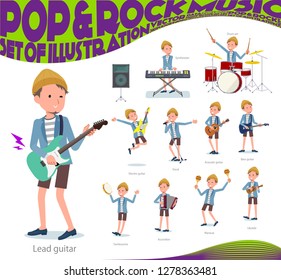 A set of young man playing rock 'n' roll and pop music.There are also various instruments such as ukulele and tambourine.It's vector art so it's easy to edit.
