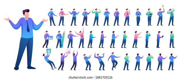 Set of Young Man. Presentation in various in various poses and actions. 2D Flat character vector illustration N4.