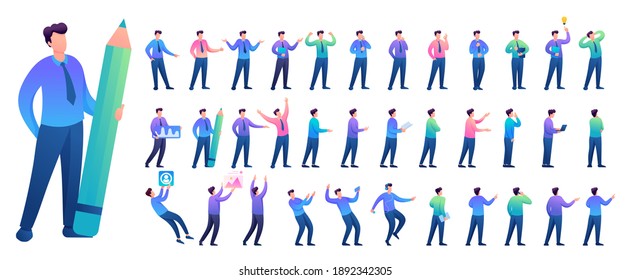 Set of Young Man. Presentation in various in various poses and actions. 2D Flat character vector illustration N2