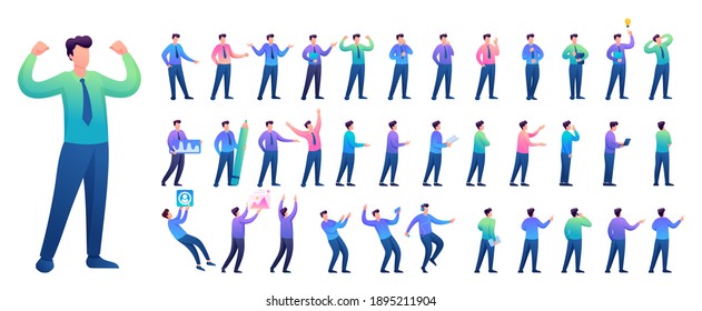 Set of Young Man. Presentation in various in various poses and actions. 2D Flat character vector illustration N1