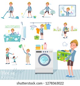 A set of young man related to housekeeping such as cleaning and laundry.There are various actions such as child rearing.It's vector art so it's easy to edit.