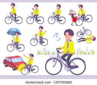 A set of young man riding a city cycle.There are actions on manners and troubles.It's vector art so it's easy to edit.
