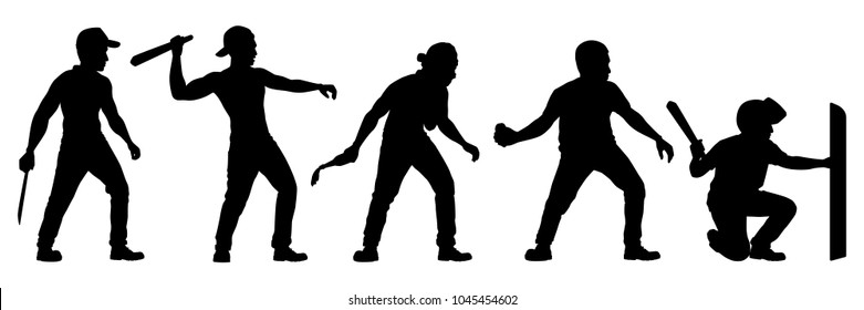 Set of young man in rioting silhouette vector