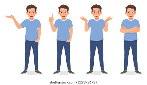 Set of young man showing different posing gestures and hand signs expressions