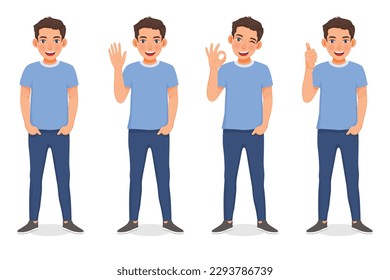 Set of young man showing different posing gestures and hand signs expressions