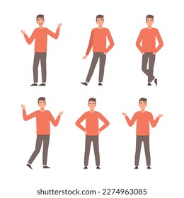 Set of young man showing various emotions and gestures. Man expressing positive and negative feelings and gesturing cartoon vector illustration