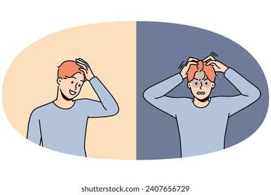 Un grupo de jóvenes sufre de la dandruff versus se excita con el pelo limpio y saludable después del tratamiento. Concepto de procedimientos médicos o de belleza para el cuidado del pelo. Ilustración vectorial.
